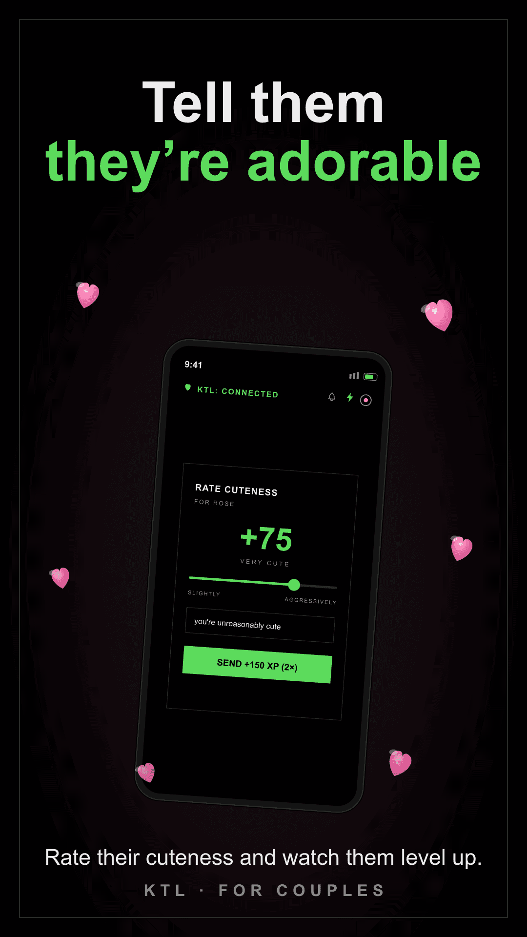 The KTL cuteness boost screen with a slider set between 10 and 100 and a written reason